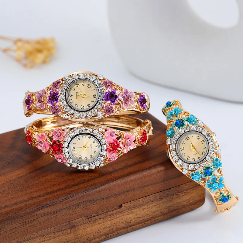 Women's Watches Stainless Steel Rhinestone Quartz Watch Women Fashion Flower Vintage Bangle Elegant Wristwatch zegarek damski thumbnail 3