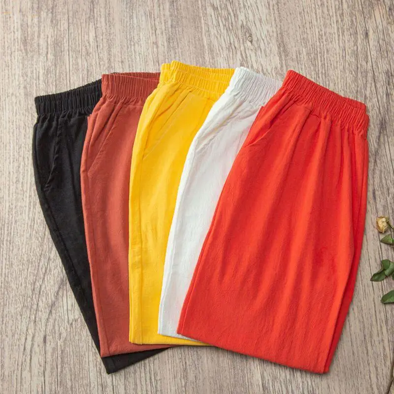 Women Summer Casual Loose Harem Elastic Waist Cotton Linen Pants Ninth Trousers thumbnail 2