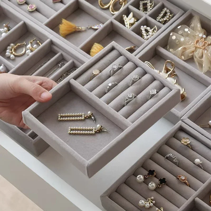 Jewelry Organizer Velvet Jewelry Storage Tray Display Holder Ring Bracelet Necklace Storage Box Showcase Drawer Organizer Trays thumbnail 4