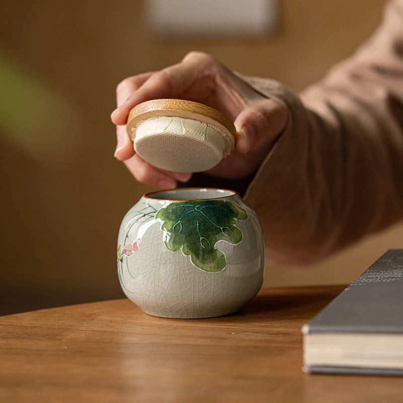 Ceramic Tea Jar Hand Painted Lotus Sealed Jar High-grade Portable Tea Coffee Bean Box Table Top Jewelry Candy Nut Storage Bottle thumbnail 2