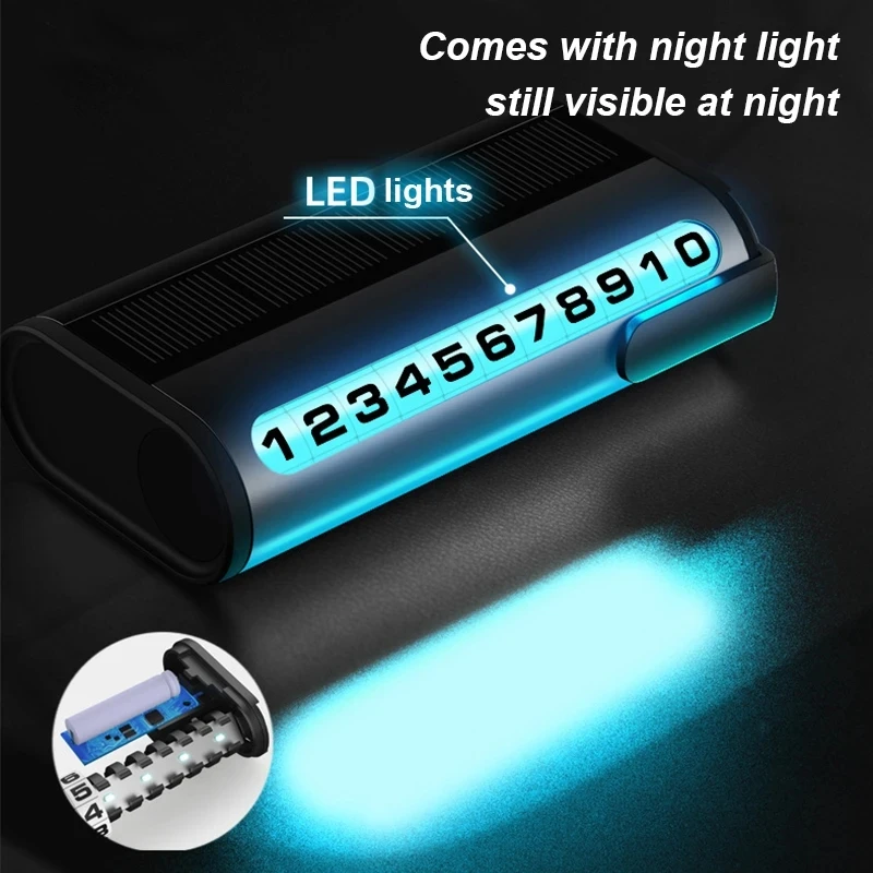 Luminous Car Parking Number Plate Auto Parking Card Solar Charging Temporary Stop Phone Number Card Car Interior Accessories thumbnail 2