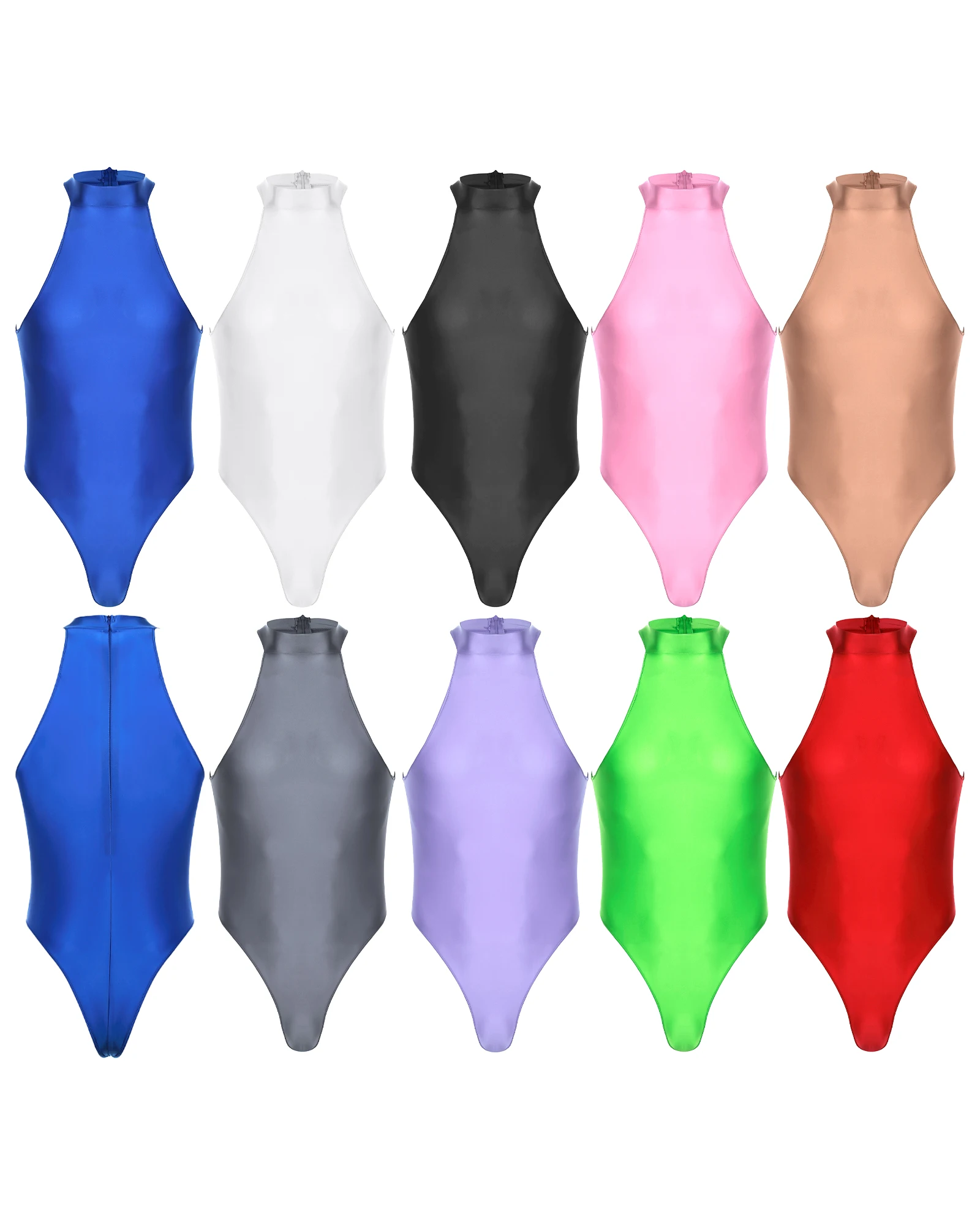 Men's Swimsuit Glossy Mock Neck Back Zipper Bodysuit One-piece Hommes Sleeveless Leotard for Gymnastics Swimming Bathing Suit thumbnail 3