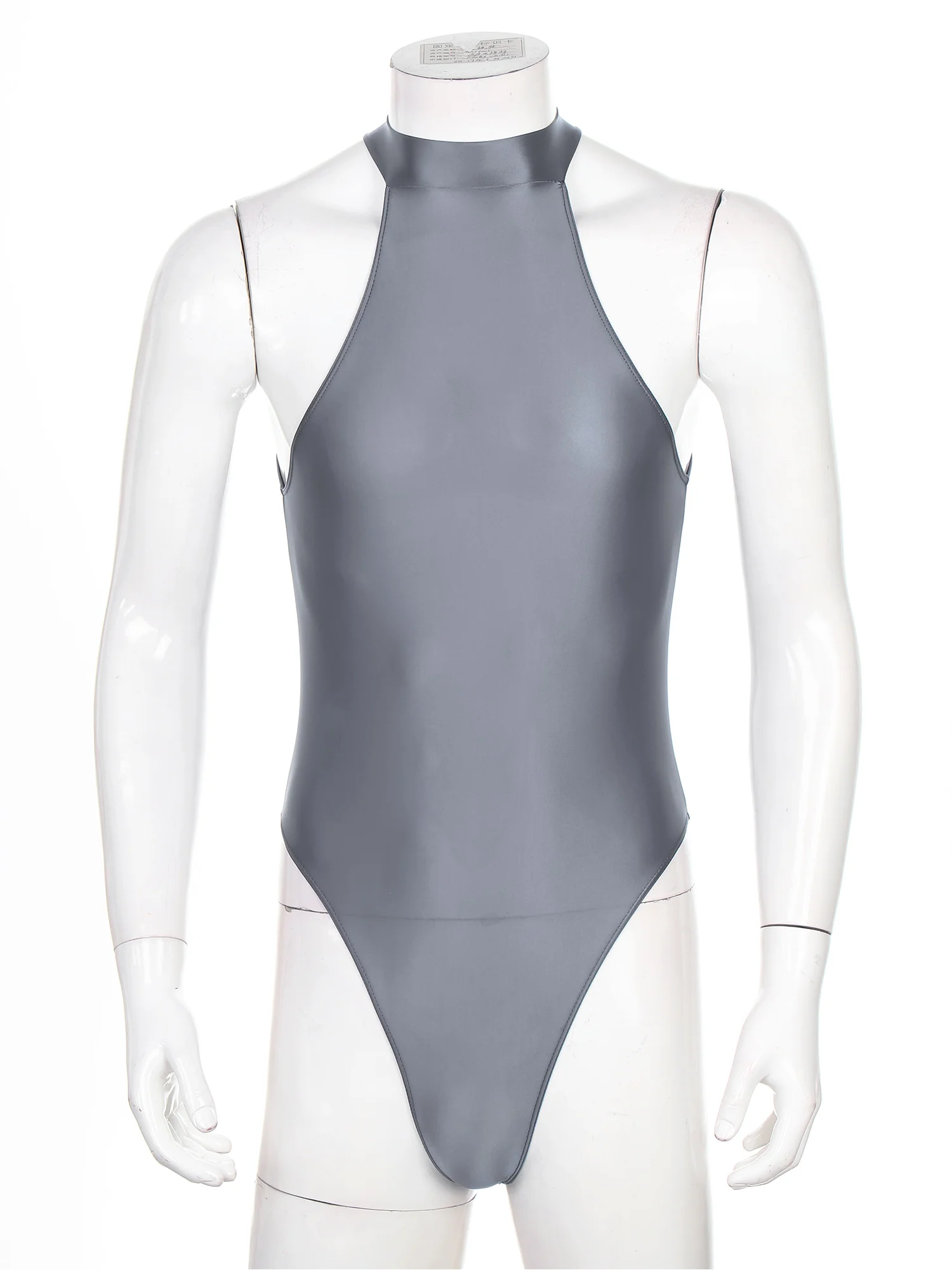 Men's Swimsuit Glossy Mock Neck Back Zipper Bodysuit One-piece Hommes Sleeveless Leotard for Gymnastics Swimming Bathing Suit thumbnail 5