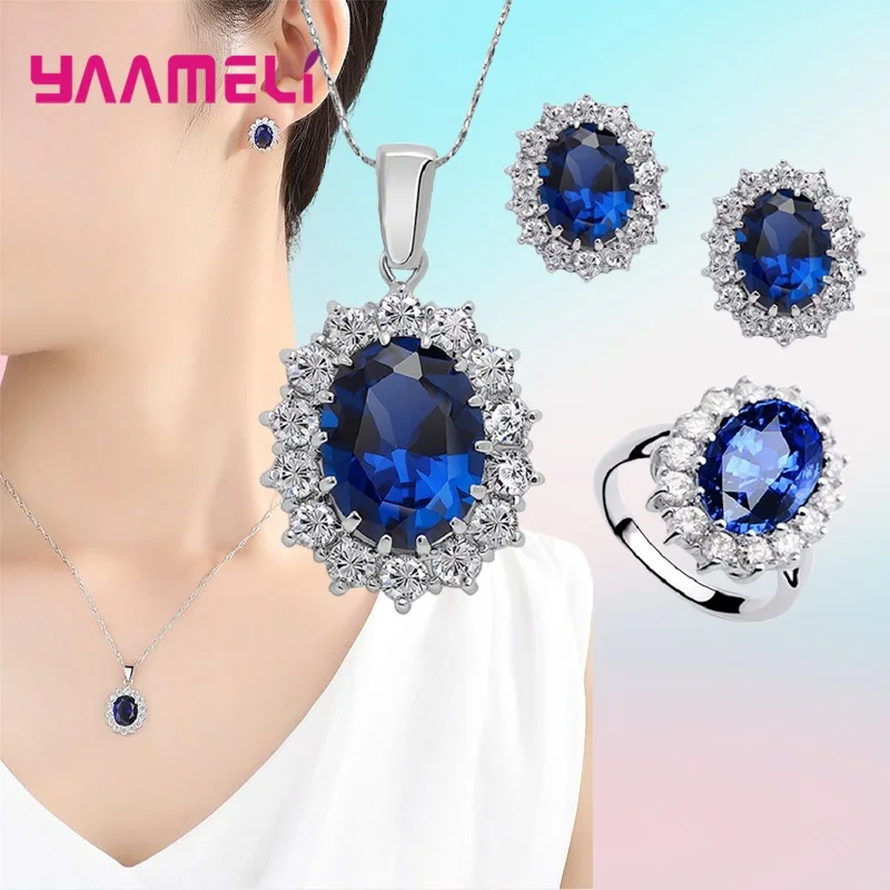 100% Authentic 925 Sterling Silver Women Wedding Engagement Jewelry Sets Classic Oval Flower Design Shiny Cubic Zircon Crystal thumbnail 2