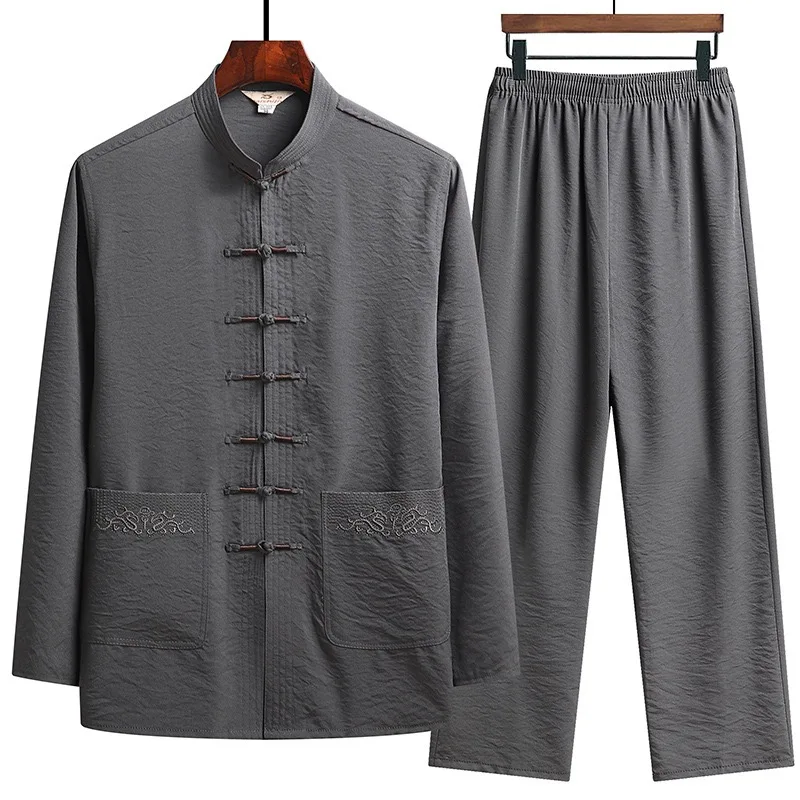 Chinese Traditional Clothing Set Man Fall Linen Buckle Kung Fu Shirt Oriental Retro Top Pants Tai Chi Breathable Uniforms Hanfu thumbnail 4
