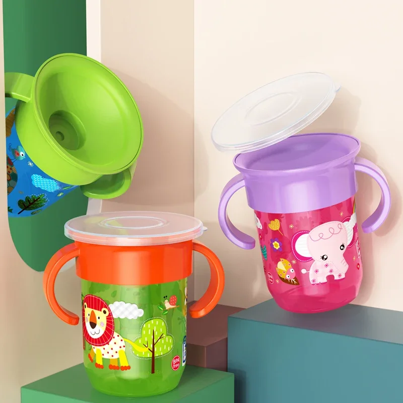 360 Degrees Rotated Baby Learning Drinking Cup with Double Handle Flip Lid Leakproof Infants Water Cups Bottle BPA Free with Lid thumbnail 6