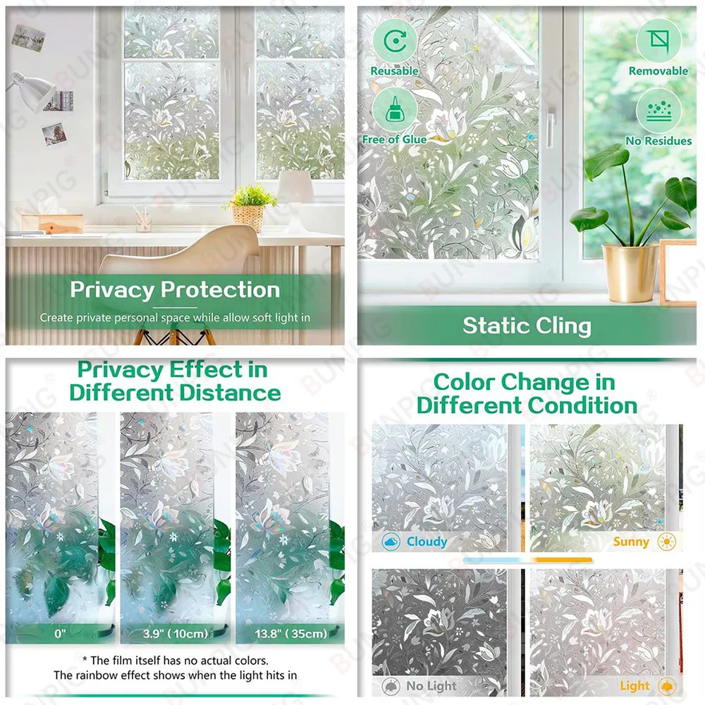 Heat Control Rainbow Window Vinyl Security Window Tinting Sun Protection Film Non Adhesive Window Stickers Stained Glass thumbnail 5