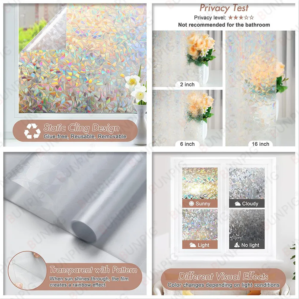 Heat Control Rainbow Window Vinyl Security Window Tinting Sun Protection Film Non Adhesive Window Stickers Stained Glass thumbnail 3