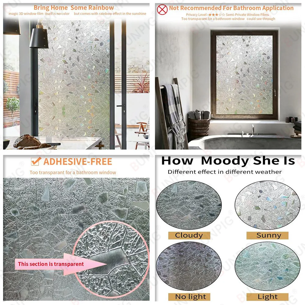 Heat Control Rainbow Window Vinyl Security Window Tinting Sun Protection Film Non Adhesive Window Stickers Stained Glass thumbnail 6