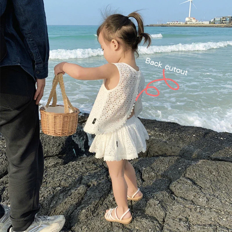 2Pcs Summer Kids Girl White Dress Sets Korean Princess Baby Sleeveless Skirt Hollow Cotton Chidlren Outfits Two Pieces Clothes thumbnail 3