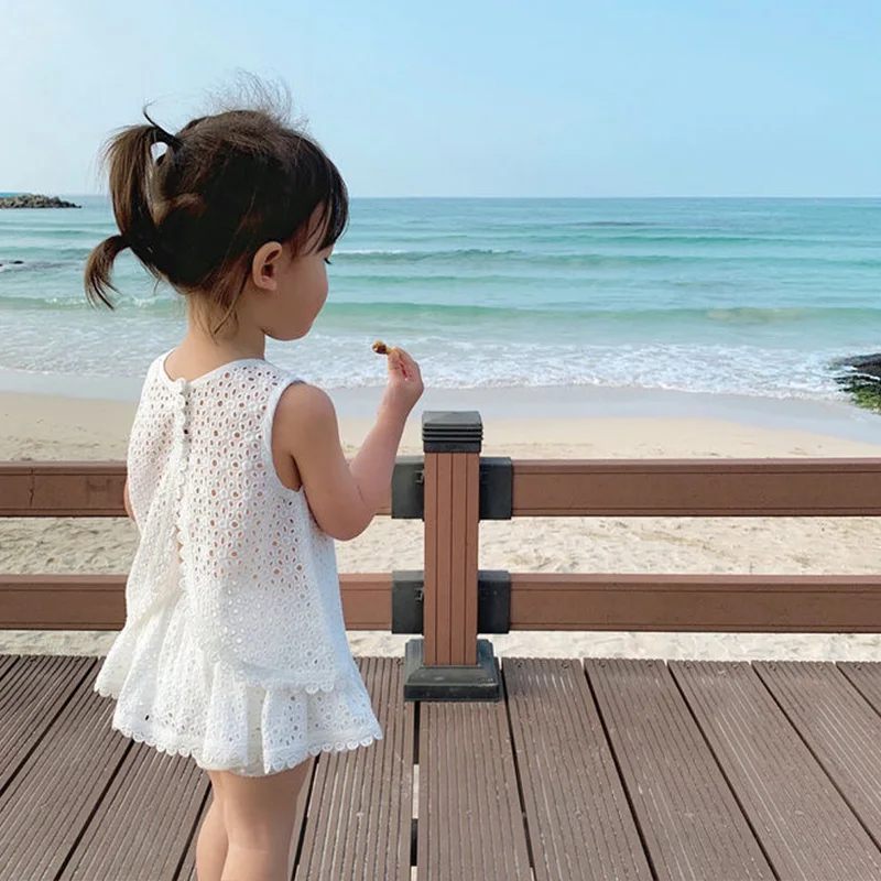2Pcs Summer Kids Girl White Dress Sets Korean Princess Baby Sleeveless Skirt Hollow Cotton Chidlren Outfits Two Pieces Clothes thumbnail 6