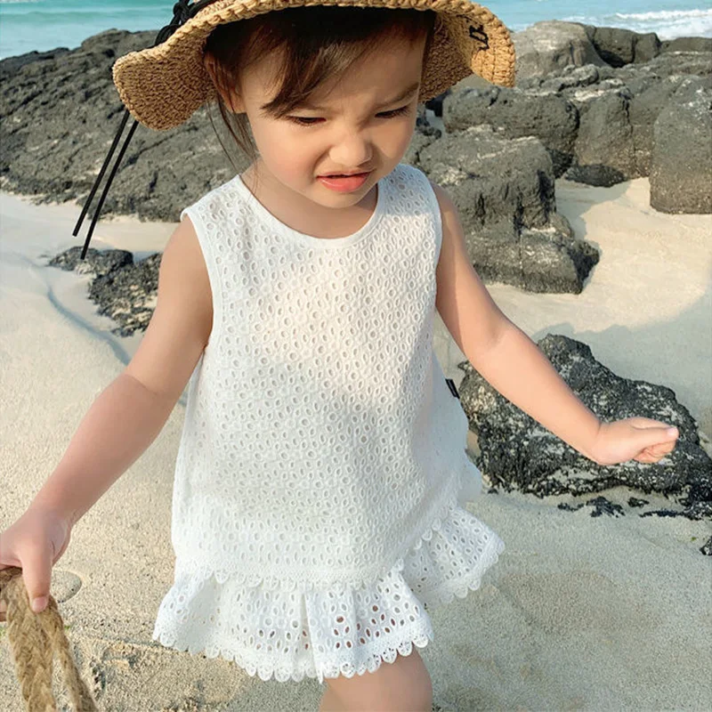 2Pcs Summer Kids Girl White Dress Sets Korean Princess Baby Sleeveless Skirt Hollow Cotton Chidlren Outfits Two Pieces Clothes thumbnail 5