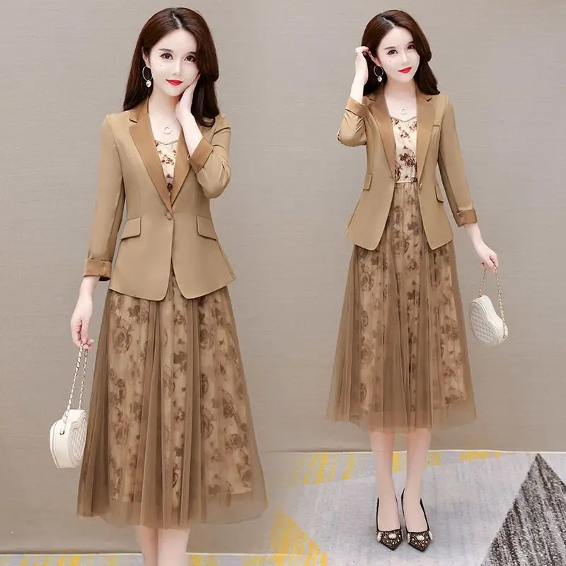Women's fashion suit Jacket Dress two-piece set 2025 spring Autumn new Korean elegant Blazers+Floral Mesh Midi skirt Suits