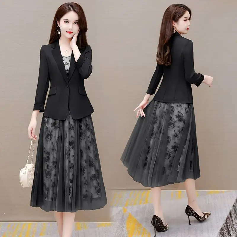 Women's fashion suit Jacket Dress two-piece set 2025 spring Autumn new Korean elegant Blazers+Floral Mesh Midi skirt Suits thumbnail 3
