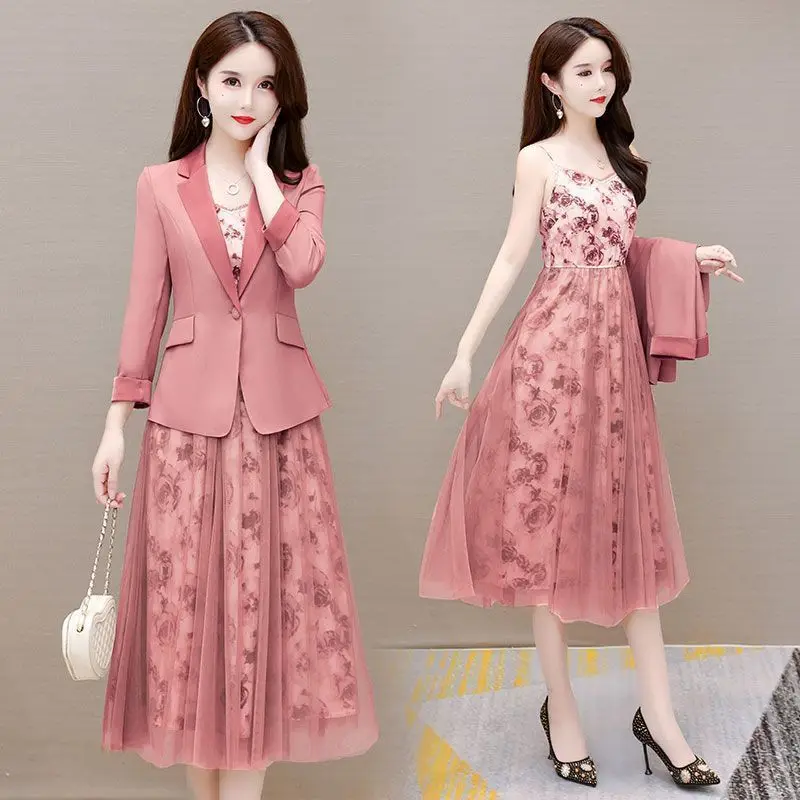 Women's fashion suit Jacket Dress two-piece set 2025 spring Autumn new Korean elegant Blazers+Floral Mesh Midi skirt Suits thumbnail 5