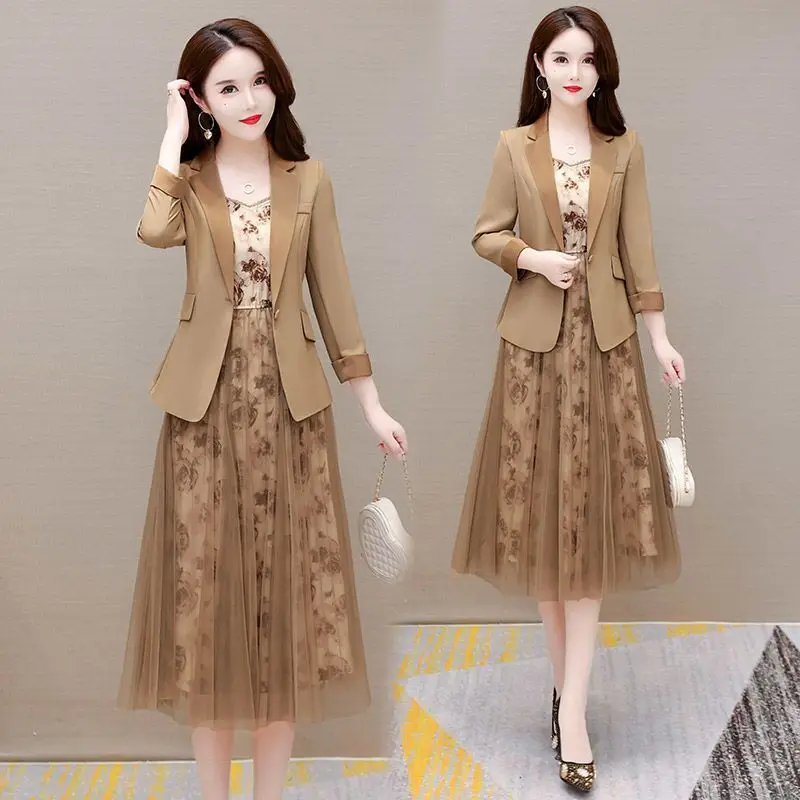 Women's fashion suit Jacket Dress two-piece set 2025 spring Autumn new Korean elegant Blazers+Floral Mesh Midi skirt Suits thumbnail 4