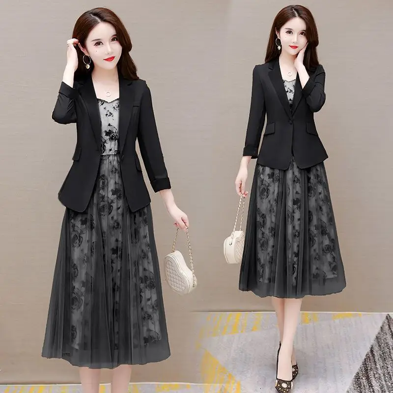 Women's fashion suit Jacket Dress two-piece set 2025 spring Autumn new Korean elegant Blazers+Floral Mesh Midi skirt Suits thumbnail 6