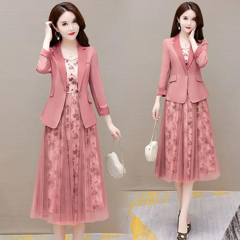 Women's fashion suit Jacket Dress two-piece set 2025 spring Autumn new Korean elegant Blazers+Floral Mesh Midi skirt Suits thumbnail 2