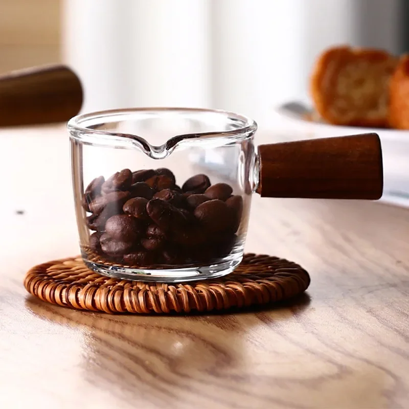 50/75/100ML Wooden Handle Glass Espresso Measuring Cup Double/Single Mouth Milk Latte Jug Coffee Supplies Kitchen Mug Drinkware thumbnail 5