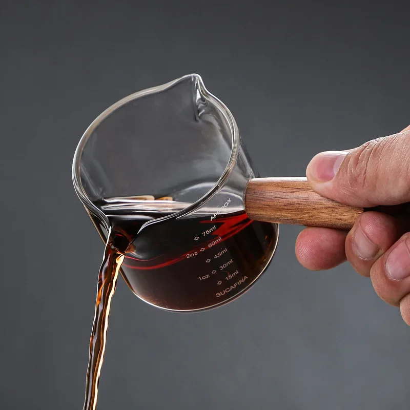 50/75/100ML Wooden Handle Glass Espresso Measuring Cup Double/Single Mouth Milk Latte Jug Coffee Supplies Kitchen Mug Drinkware thumbnail 3