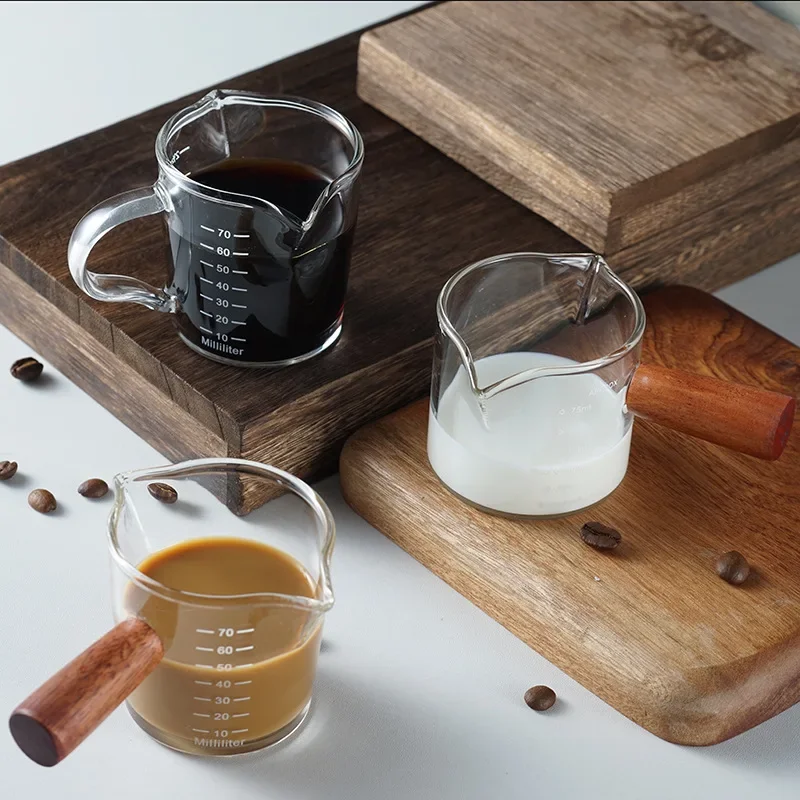 50/75/100ML Wooden Handle Glass Espresso Measuring Cup Double/Single Mouth Milk Latte Jug Coffee Supplies Kitchen Mug Drinkware thumbnail 2