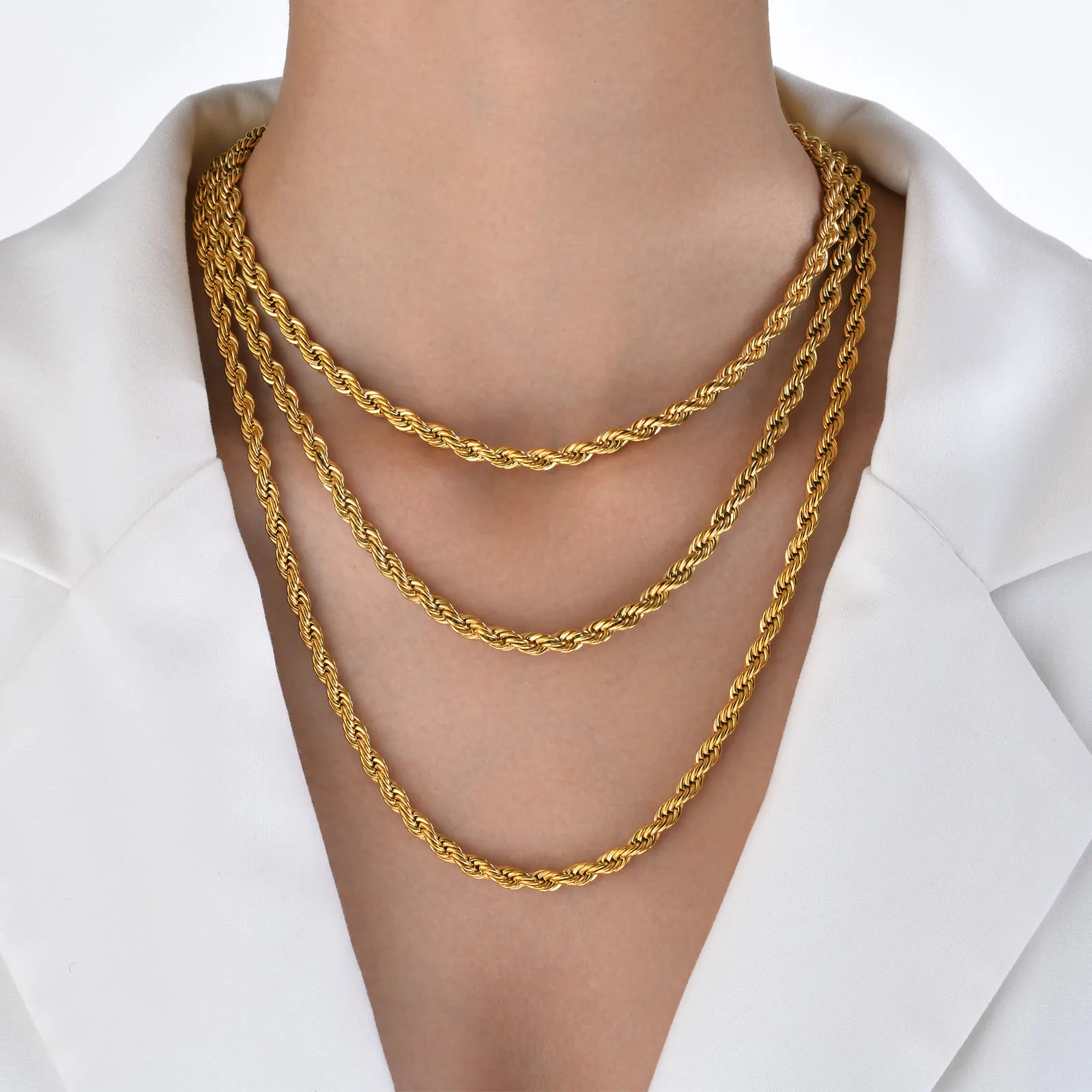 Vnox Dainty Gold Color Rope Chain Necklaces for Women Men,Chic Twisted Collar, Waterproof Stainless Steel Link 2/3/4/5mm Width thumbnail 2