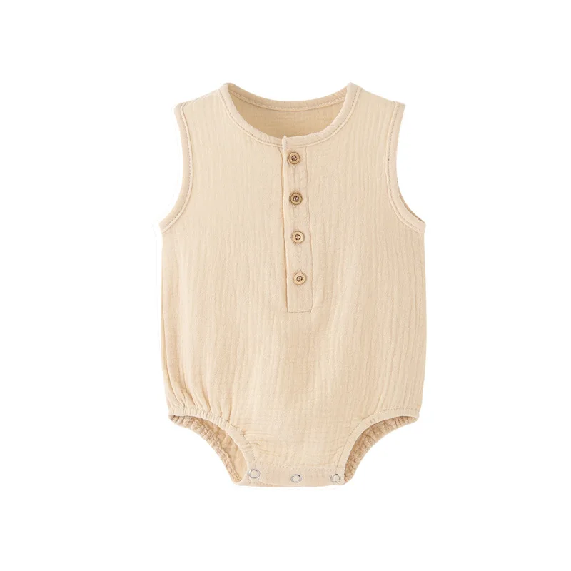 Summer Solid Newborn Baby 100% Cotton Linen Bodysuits Boy Girl Sleeveless Romper Jumpsuit Soft Skin-friendly Thin Comfy thumbnail 4