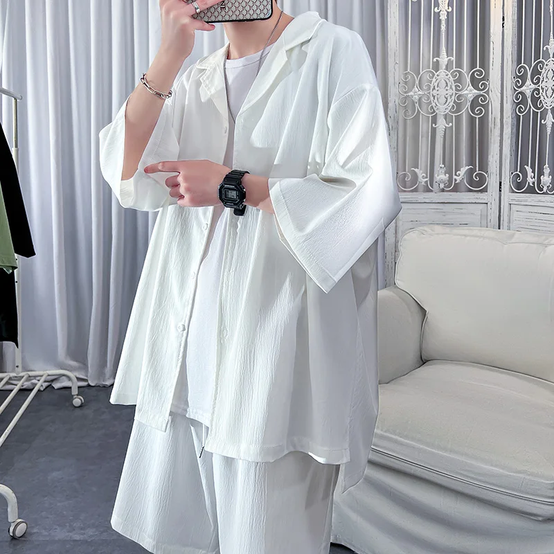 Korean Style Men's Set Shirt+Shorts Solid Short Sleeve Top Matching Bottoms Summer Fashion Oversized Clothing Men thumbnail 3