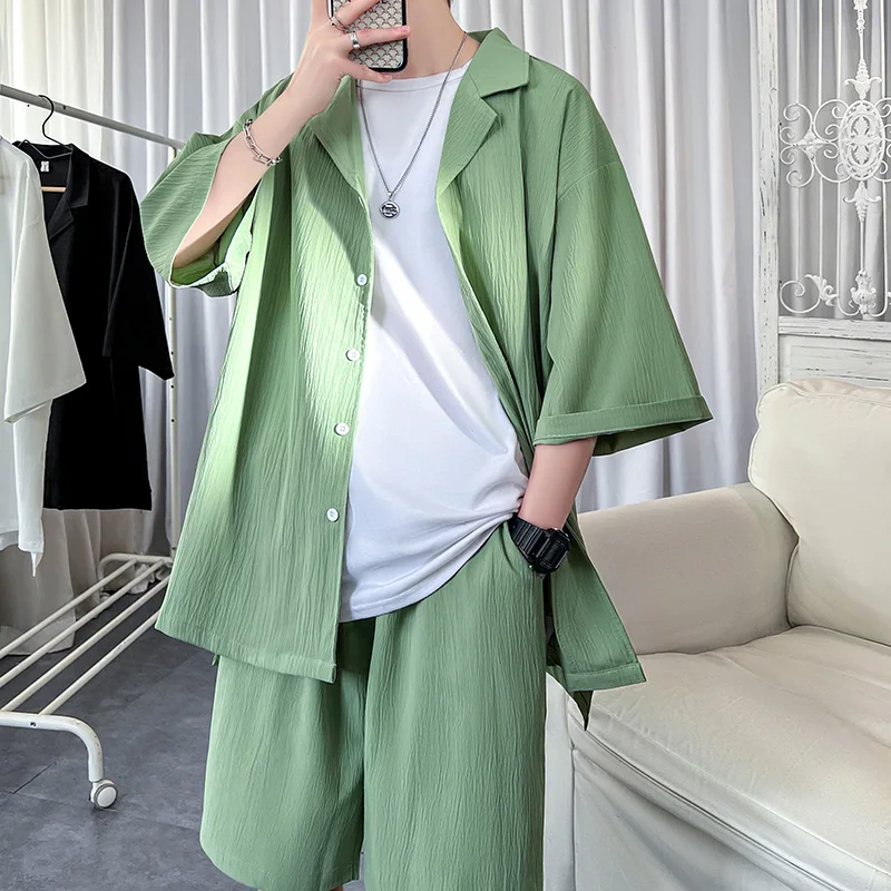 Korean Style Men's Set Shirt+Shorts Solid Short Sleeve Top Matching Bottoms Summer Fashion Oversized Clothing Men thumbnail 5