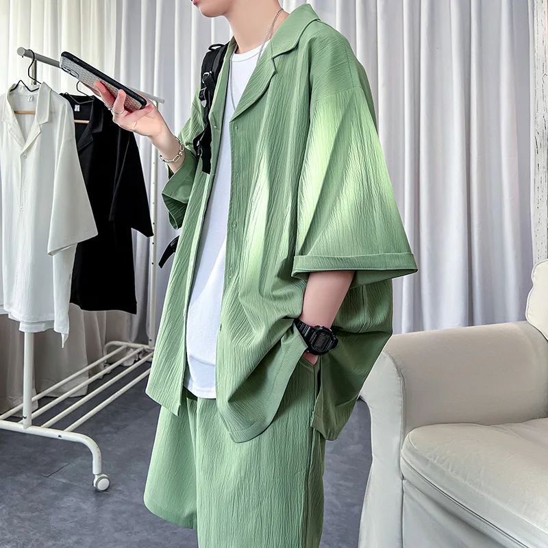 Korean Style Men's Set Shirt+Shorts Solid Short Sleeve Top Matching Bottoms Summer Fashion Oversized Clothing Men thumbnail 4