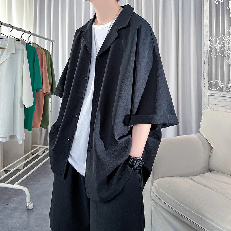 Korean Style Men's Set Shirt+Shorts Solid Short Sleeve Top Matching Bottoms Summer Fashion Oversized Clothing Men thumbnail 2