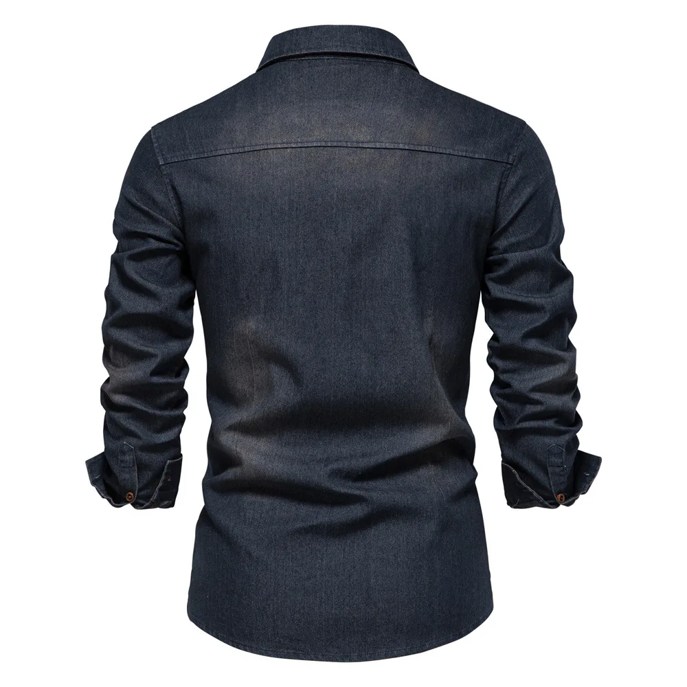 Spring Long Sleeve Men's Denim Shirt High Quality Cotton Elastic Casual Slim Fit Streetwear Clothing Cowboy Shirts Men Black thumbnail 2