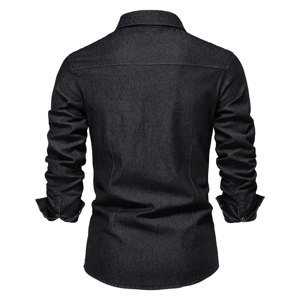 Spring Long Sleeve Men's Denim Shirt High Quality Cotton Elastic Casual Slim Fit Streetwear Clothing Cowboy Shirts Men Black thumbnail 4