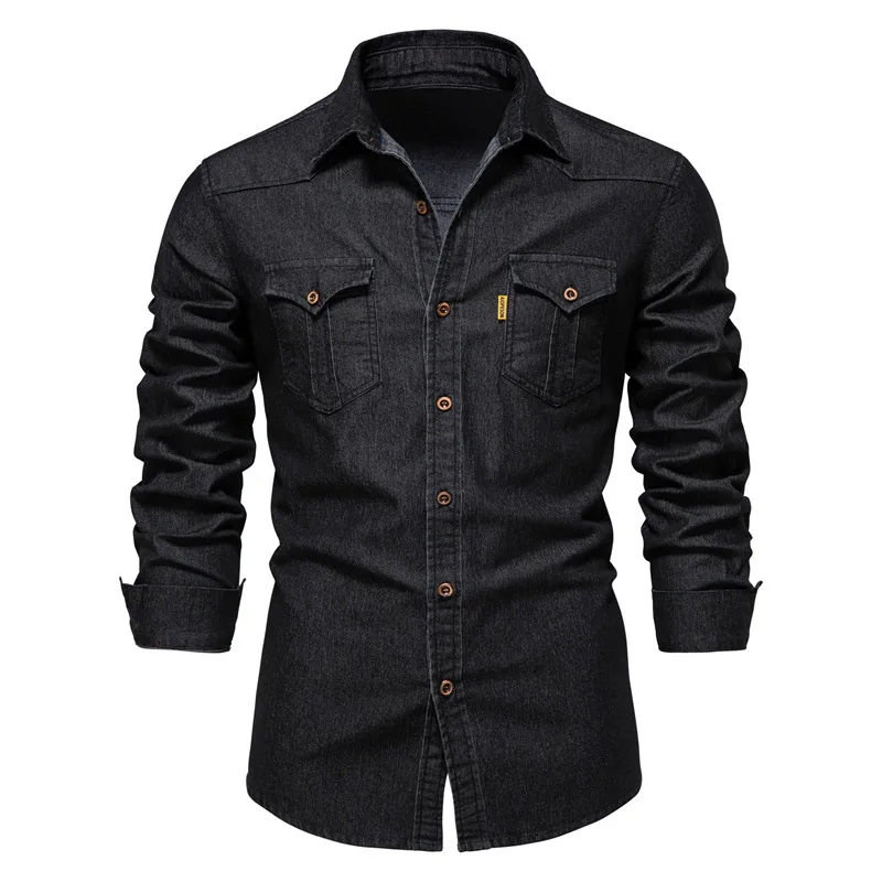 Spring Long Sleeve Men's Denim Shirt High Quality Cotton Elastic Casual Slim Fit Streetwear Clothing Cowboy Shirts Men Black thumbnail 3