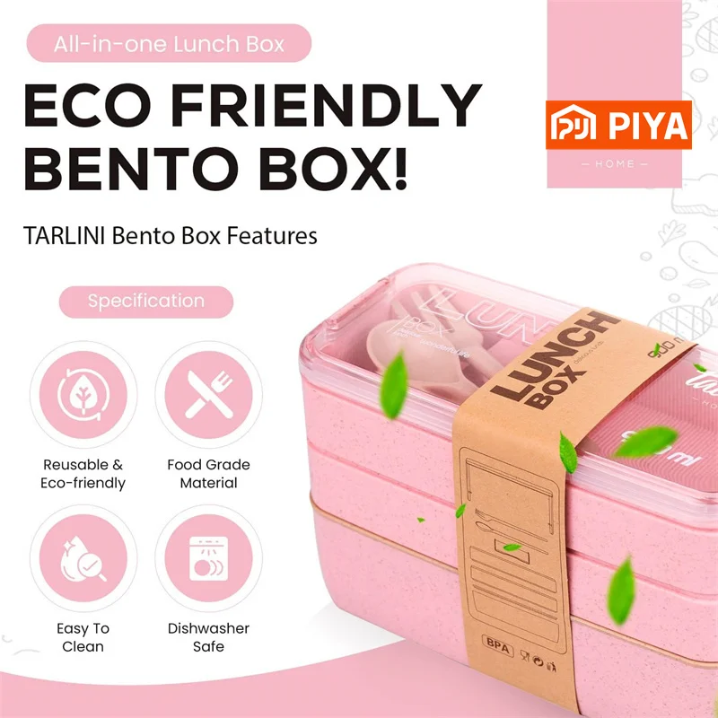 3-In-1 Compartment Wheat Straw Bento Box Reusable Tableware Lunch Containers Meal and Snack Food Containers Portable Lunch Box thumbnail 3
