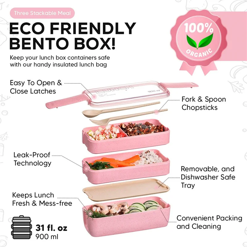 3-In-1 Compartment Wheat Straw Bento Box Reusable Tableware Lunch Containers Meal and Snack Food Containers Portable Lunch Box thumbnail 2