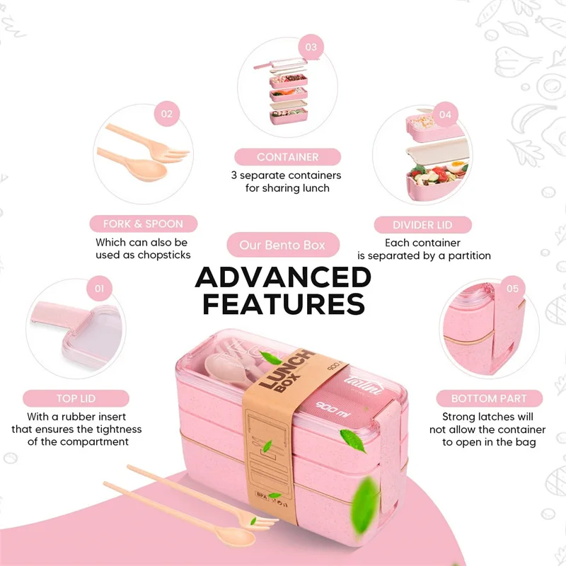 3-In-1 Compartment Wheat Straw Bento Box Reusable Tableware Lunch Containers Meal and Snack Food Containers Portable Lunch Box thumbnail 4