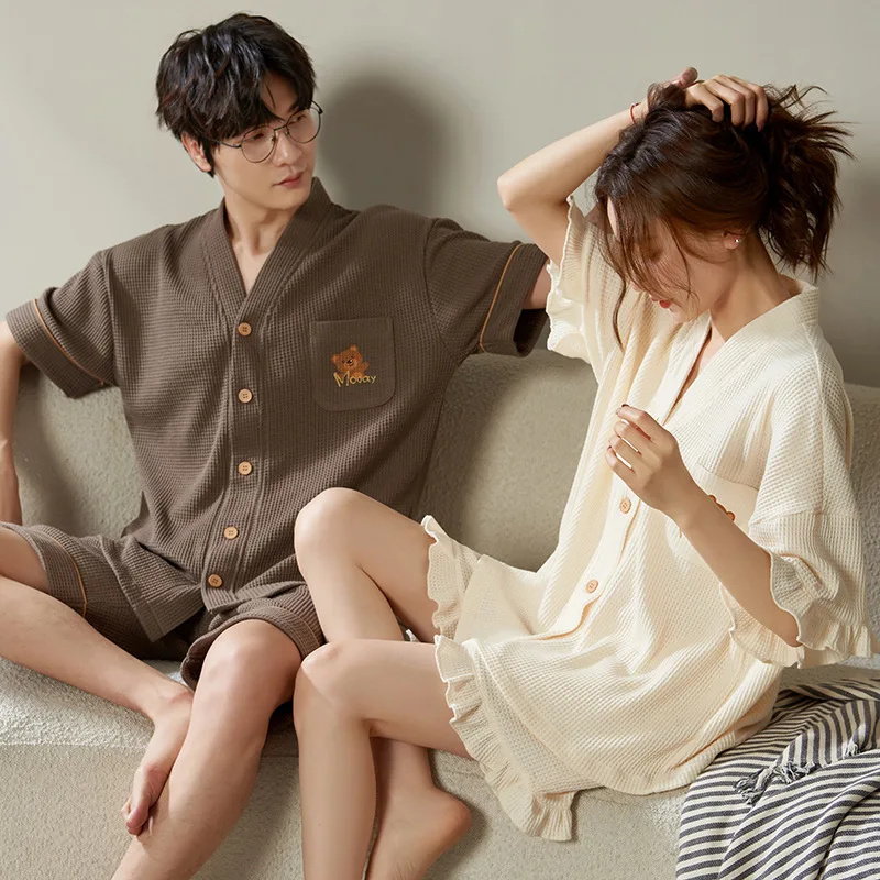 New 3XL Fashion Pajama for Couple Summer Soft Cotton Kimono Style Sleepwear Man and Woman Leisure Pijama Loungewear