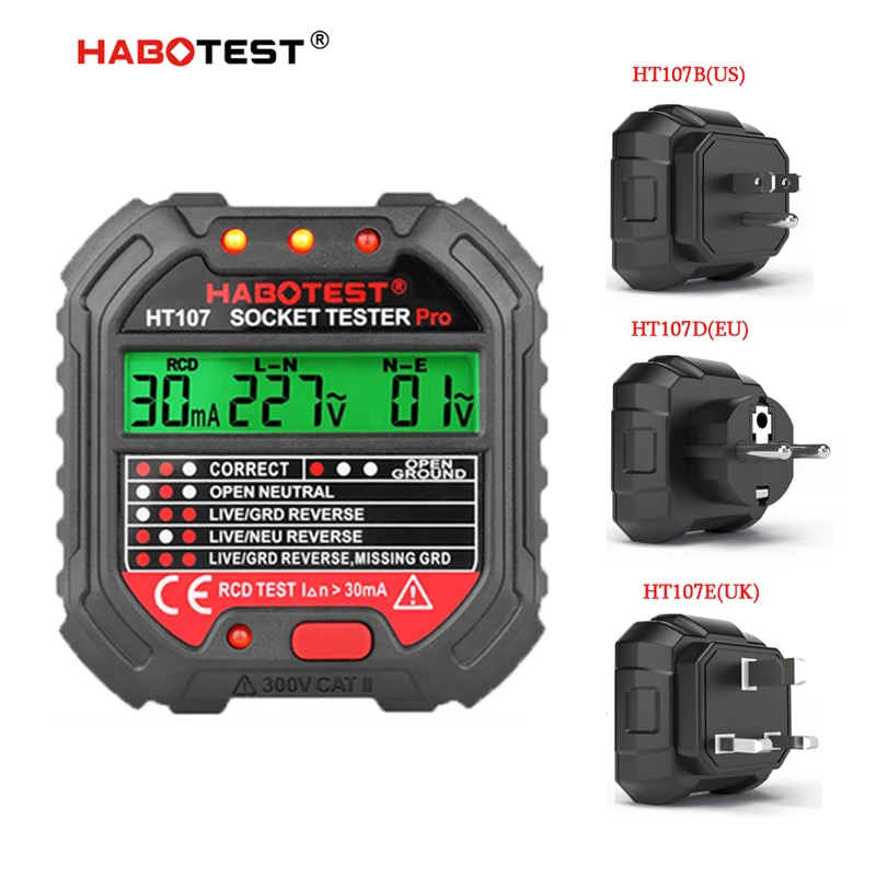 HT107 Digital Socket Tester Pro Voltage  30mA &5mA RCD Test Smart  Detector  EU US UK Plug Ground Zero Line Polarity Phase Check thumbnail 2