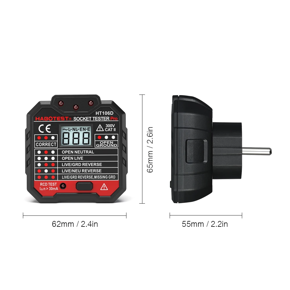 HT107 Digital Socket Tester Pro Voltage  30mA &5mA RCD Test Smart  Detector  EU US UK Plug Ground Zero Line Polarity Phase Check thumbnail 6