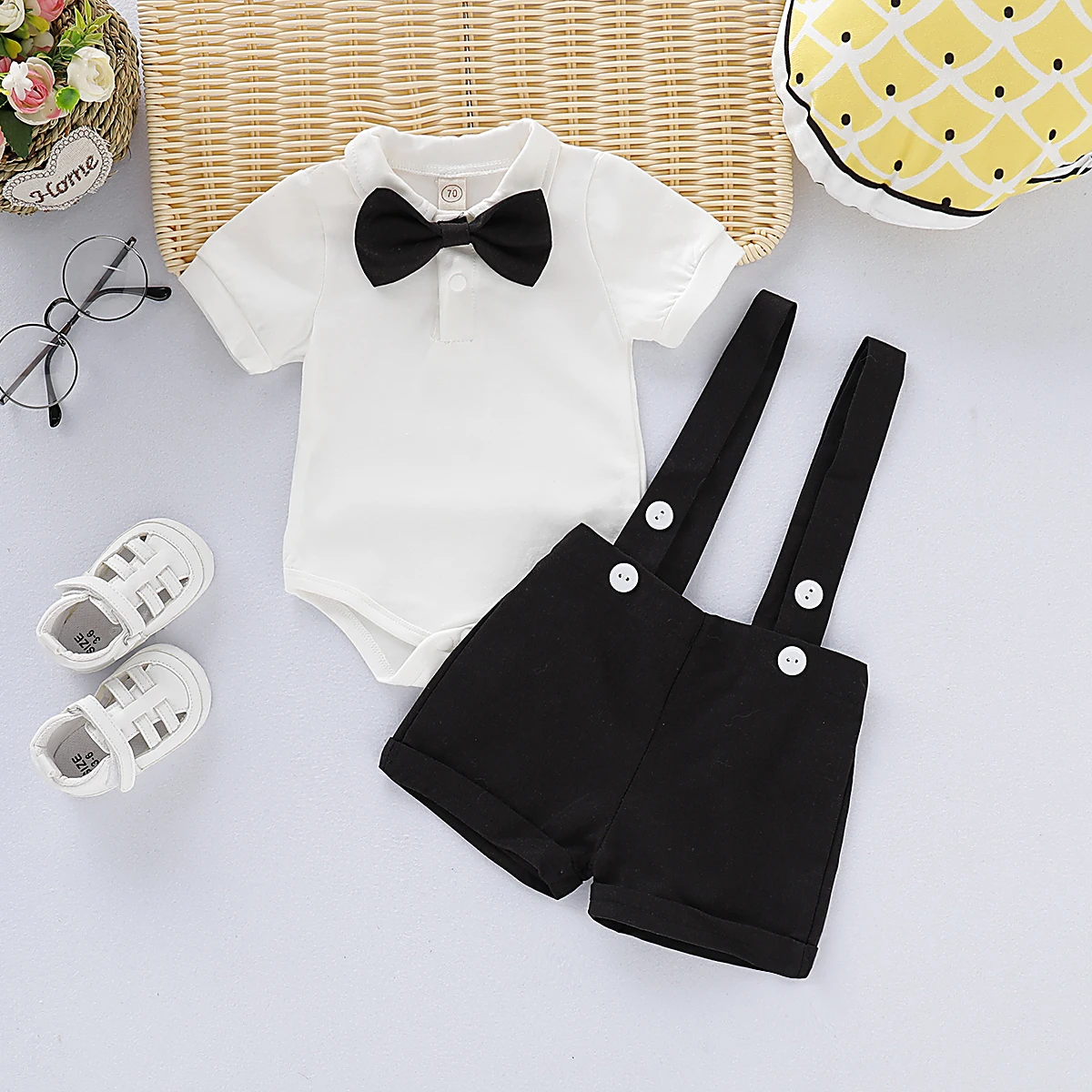 Mini Gentleman Outfit Newborn Baby Boy Formal Costumes Short Sleeve Shirt With Bow + Romper Short Pants Summer Fashion 2 Pcs Set thumbnail 2