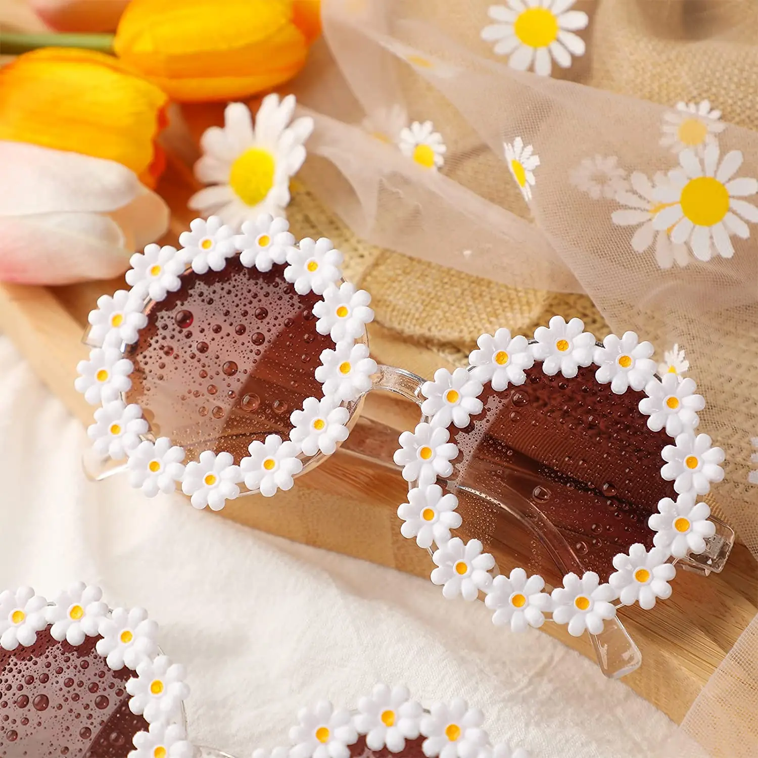 BEGREAT Summer Flower Round Frame Sunglasses for Women Fahion Designer Daisy Sunglasses Novel Floral Glasses for Adult Kids