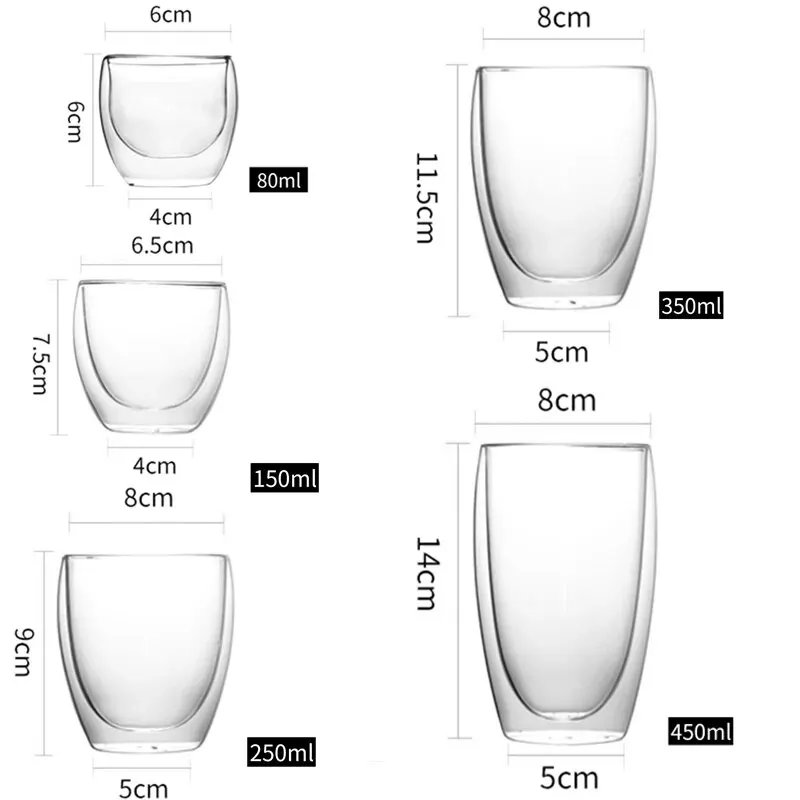 5 Sizes 6 Pack Clear Double Wall Glass Coffee Mugs Insulated Layer Cups Set for Bar Tea Milk Juice Water Espresso Shot Glass thumbnail 6