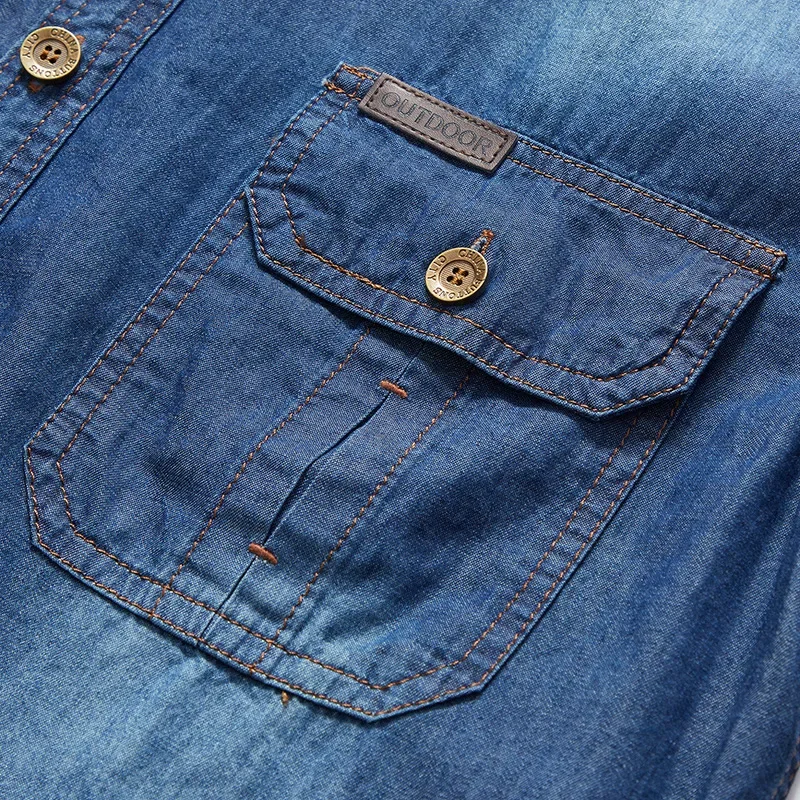 Men Multi pockets Denim Tooling Shirts New Summer Short Sleeve Blue Jeans Shirts High Quality Men Cotton Casual Shirts Size 5XL thumbnail 5