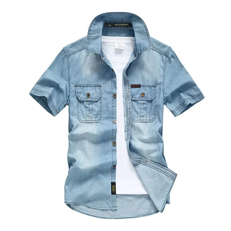 Men Multi pockets Denim Tooling Shirts New Summer Short Sleeve Blue Jeans Shirts High Quality Men Cotton Casual Shirts Size 5XL thumbnail 3