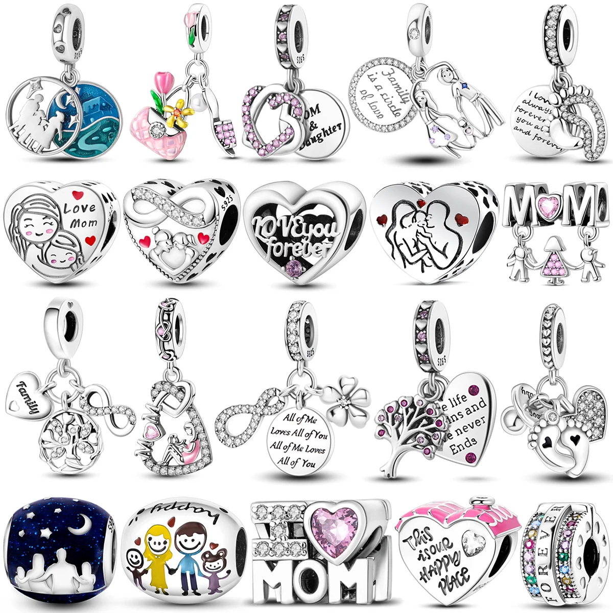 925 Sterling Silver Mother's Gift Charm Bead Mom Love Happy Family Dangle Fit Original Bangle Bracelet Necklace DIY Jewelry