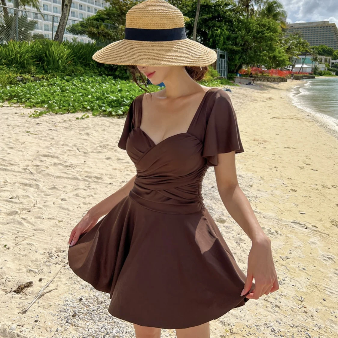 Short Sleeves One Piece Swimsuit With Skirt Women Ruffle Bathing Suit Solid Black Swimwear  Monokini Open Back Trikini Korea thumbnail 5