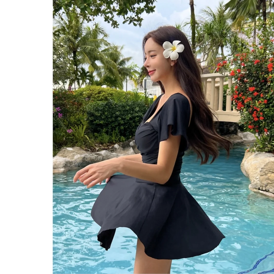 Short Sleeves One Piece Swimsuit With Skirt Women Ruffle Bathing Suit Solid Black Swimwear  Monokini Open Back Trikini Korea thumbnail 2