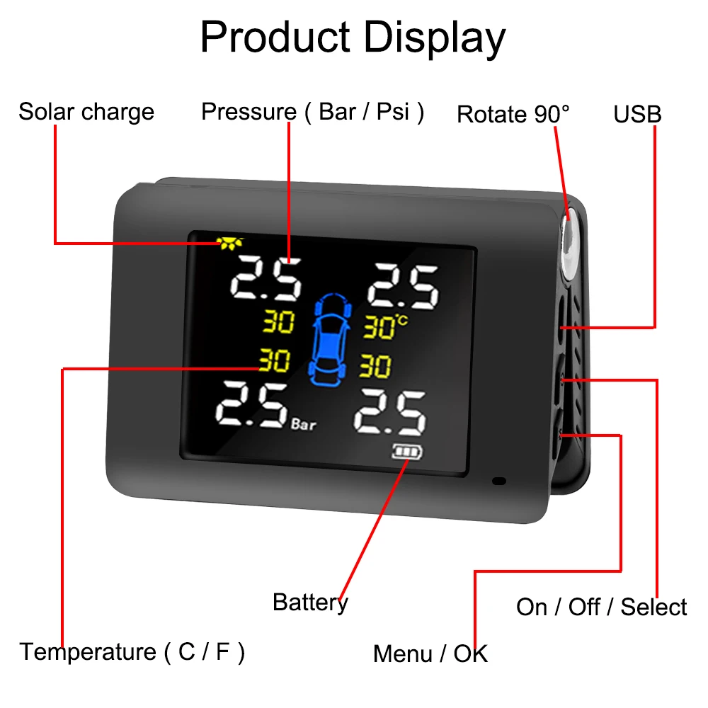 Foldable Monitor Solar TPMS Car Tire Pressure Monitoring System Tyre Diagnostic Tools Test Sensors Tester Automotive Accessories thumbnail 2
