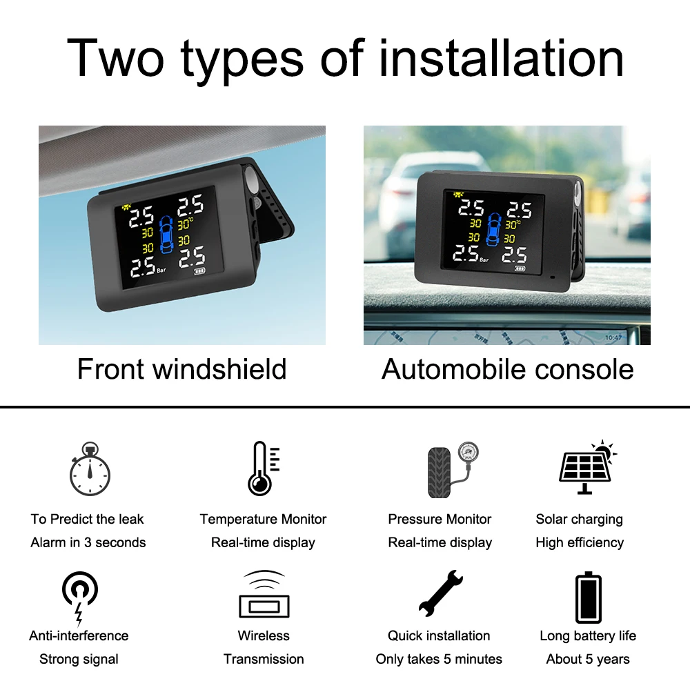 Foldable Monitor Solar TPMS Car Tire Pressure Monitoring System Tyre Diagnostic Tools Test Sensors Tester Automotive Accessories thumbnail 3